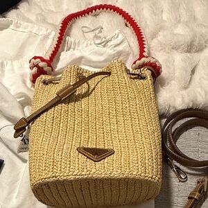 Prada Crochet Mini Bucket Bag in Beige Khaki
